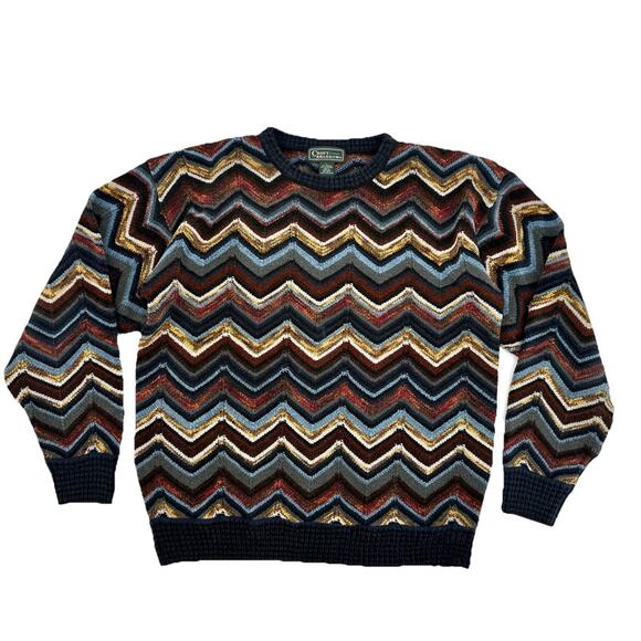 Croft & Barrow VTG 80s LARGE Chevron Striped Chenille Crewneck Sweater Cosby Mod - Picture 1 of 6